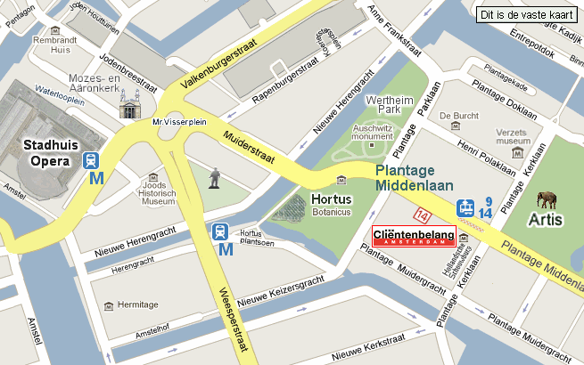 Plattegrond van Amsterdam, aangegeven waar Clientenbelang Amsterdam gevestigd is
