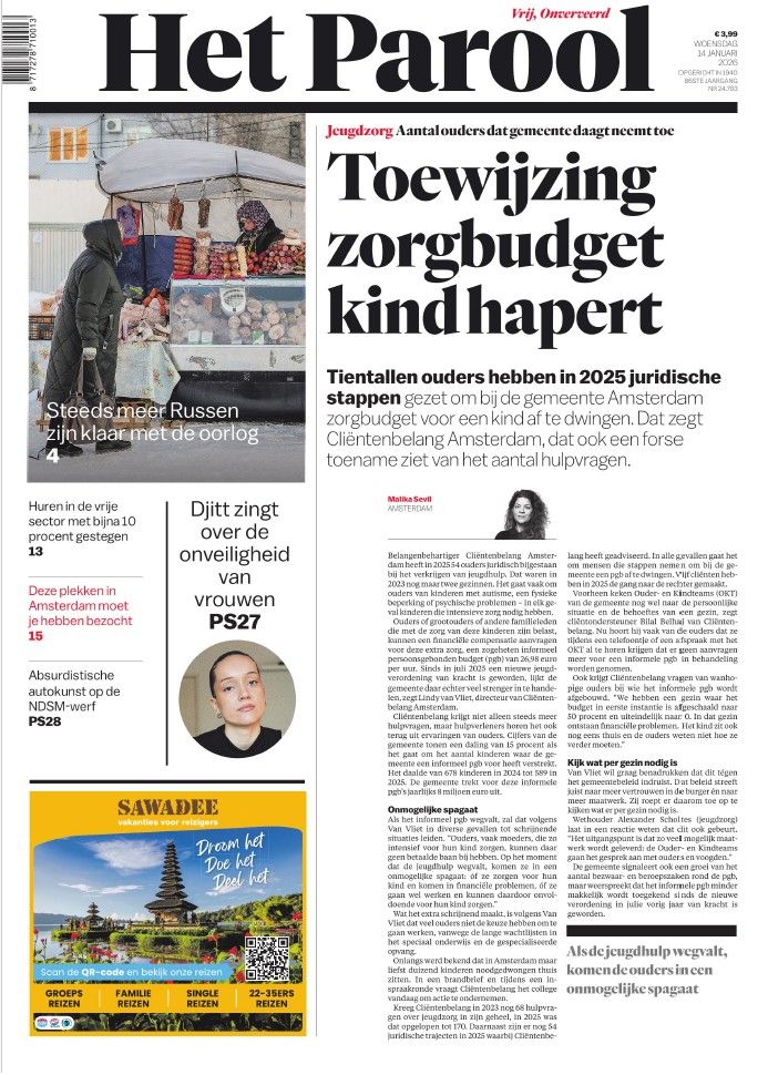 Foto van de voorpagina van Het Parool op 14 januari 2026 met de titel in koeienletters: Toewijzing zorgbudget hapert
